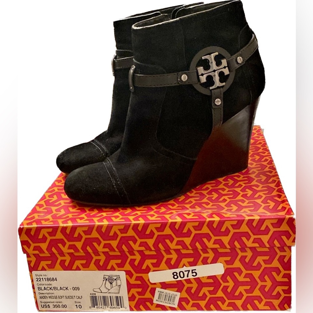 ♠️Tory Burch Black Suede Aaden Wedge Ankle Bootie Size 10